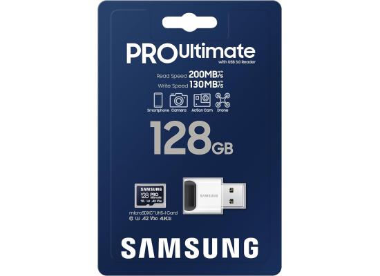 Samsung PRO Ultimate microSD Memory Card+Reader, 128GB microSDXC, Up to 200 MB/s, 4K UHD, UHS-I, Class 10, U3,V30, A2 for GoPRO Action Cam, DJI Drone, Gaming, Phones, Tablets